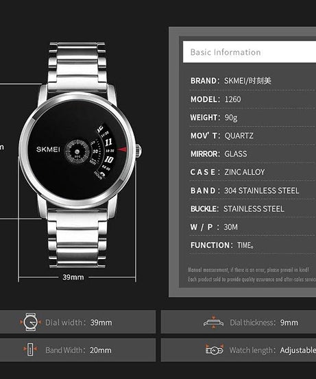 SKMEI Men's Water Resistant Stainless Steel Analog Watch 1260 - 39 mm - Silver.