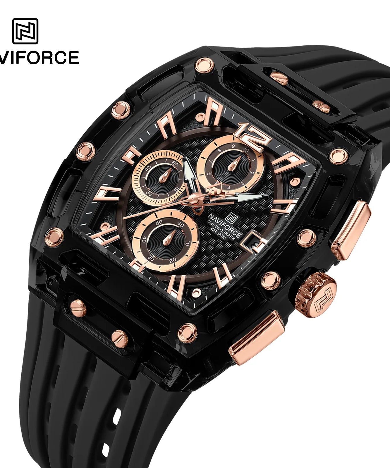 NAVIFORCE - Men's Fashion Sports Rectangle Chronograph Waterproof Luminous Calendar Silicone Band Quartz Watch for Men NF7105