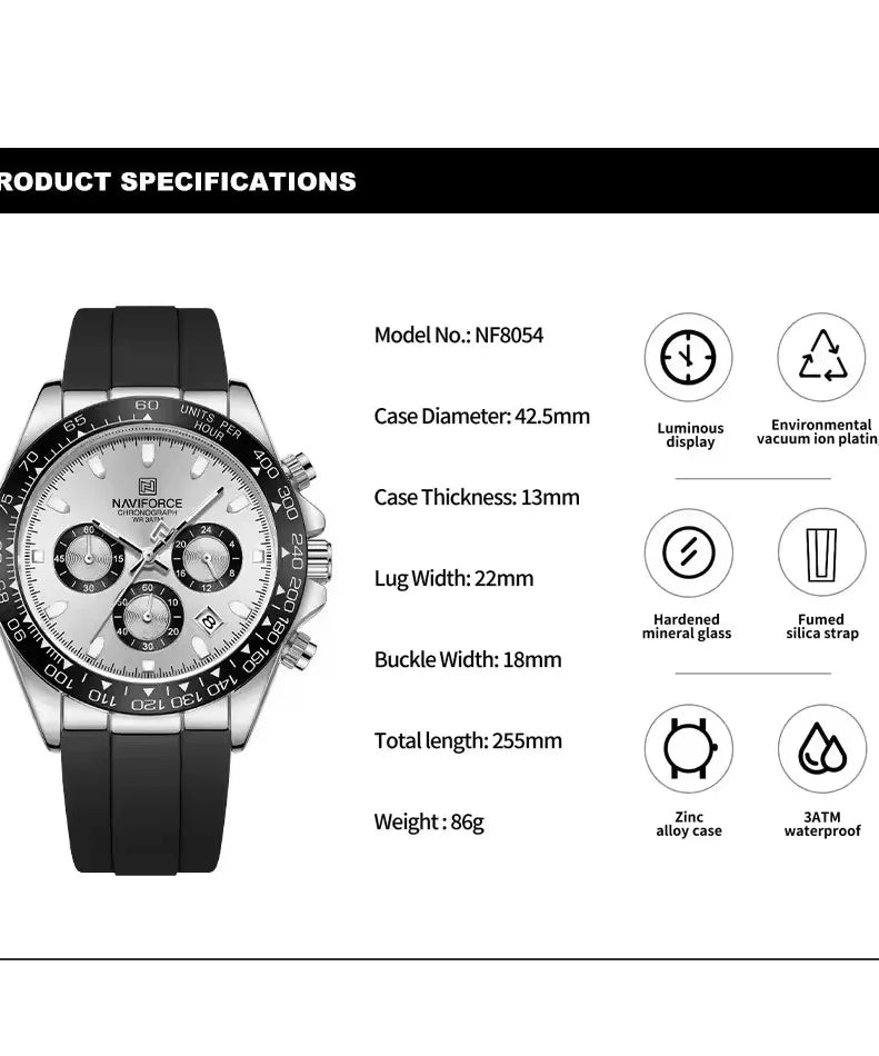 NAVIFORCE NF8054 Watch Quartz Men's Sport Watch Alloy Case Stainless Steel Band Silicon Strap Luxury Chronograph Date Waterproof