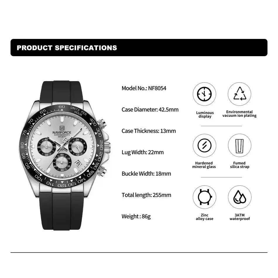 NAVIFORCE NF8054 Watch Quartz Men's Sport Watch Alloy Case Stainless Steel Band Silicon Strap Luxury Chronograph Date Waterproof